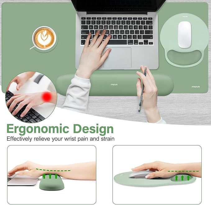 MOSISO Wrist Rest for Keyboard Mouse Pad Set, Large Gaming Deskpad&Circle Curved Mousepad&Keyboard Wrist Rest&Coaster, Ergonomic Non-Slip Mousepad&Easy Typing Pad with Curved Memory Foam, Green