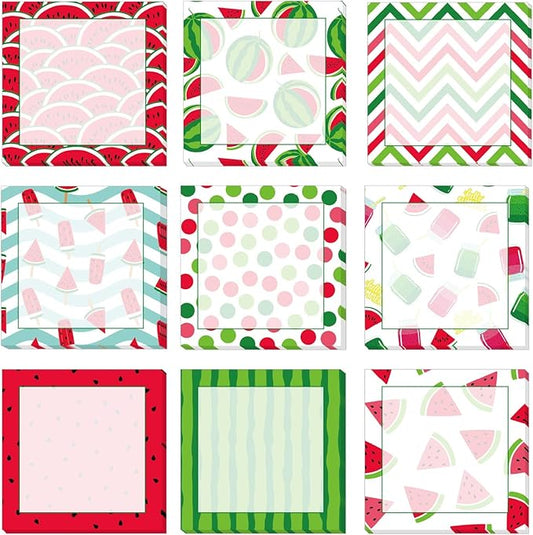9 Pieces Summer Watermelon Sticky Notes Adhesive Cute Watermelon Memo Notes 3 X 3 Inch Self-Stick Note Pads for School Office Home Supplies Students Teachers Presents, 9 Styles