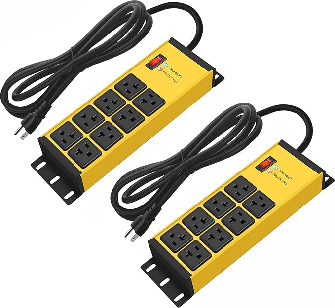 CCCEI 2PCS Heavy Duty Power Strip Surge Protector 20 AMP, 8 Outlets 12 Gauge Shop Garage Metal Multiple Outlets, 10 FT Extension Cord 5-15P Adapter High Amp 6-20R T-Slot 20a for Appliance Yellow.