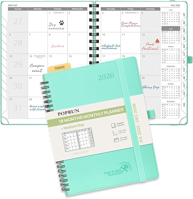 POPRUN Monthly Planner 2025-2026 Spiral Bound (6.5" x 8.5") 18 Months Calendar (Jul 2025 - Dec 2026) - 4 Pages per Month with Monthly Expense & Notes, Sunday Start, Leather Cover - Green