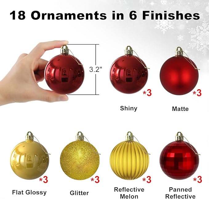 Red & Gold 3.2" Large Christmas Balls - Christmas Tree Decoration Ornaments Shatterproof Hanging Balls for Birthday Halloween Holiday Wedding Decorations Set of 18pcs