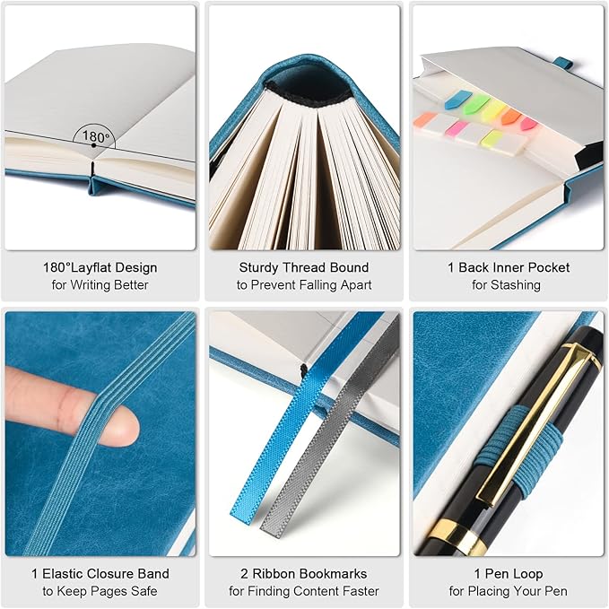 Lined Journal Notebook, Large A5 College Ruled Notebook, 312 Numbered Pages Work Notebook with Index Stickers, 100gsm Thick Paper, Hardcover Vegan Leather Journal for Women Men School Office, Blue