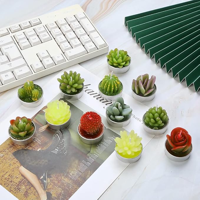 12pcs Cactus Tealight Candles Handmade Delicate Succulent Tea Lights Candle Perfect for Birthday Party Wedding Spa Home Decor Gifts (12pcs Cactus Candles)