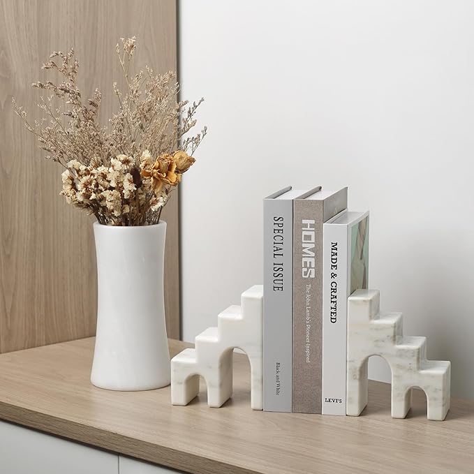 Natural Marble Book Ends for Shelves, Decorative Bookends for Heavy Books, CastleGuard Bookend Book Holder Stopper for Home Office Desk Bookshelf Decoration, Set of 2 (Oriental Calacatta)