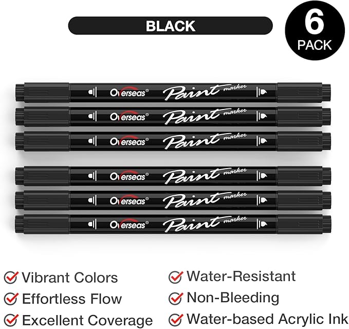 Overseas Black Acrylic Paint Markers, 6 Pack Dual Tip Paint Pens Acrylic Markers - Dot and Brush Tip Coloring Marker for Wood, Rock, Canvas, Glass, Metal, Plastic, Rubber, Fabric, School Supplies