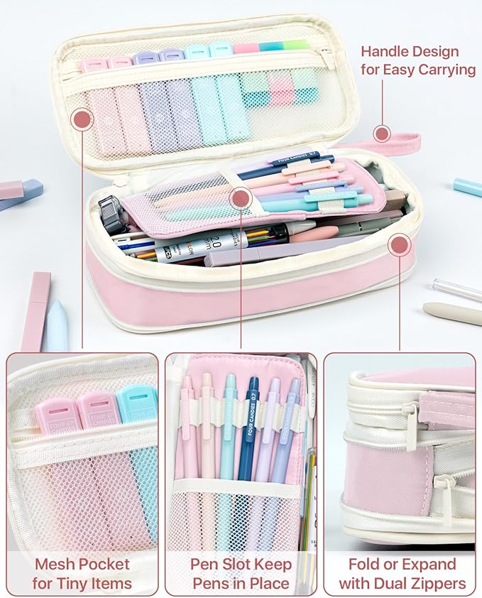 Four Candies 56 PCS Aesthetic School Supplies with Cute Pencil Case, 6 Multicolor Pen, 12 Pastel Highlighters, 5 Gel Pens Black Ink, 9 Mechanical Pencils for Student Stationary Set Preppy Stuff (Pink)