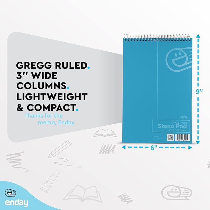 Enday Steno Pads Spiral 6 Pack, 6 x 9, 80 Sheets White Paper, Gregg Rule, Steno Notebook for writing, Assorted Colors, Pink, Purple, Green, Blue, Red, Grey
