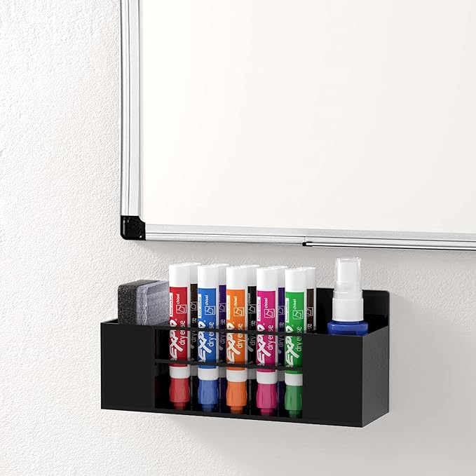 Magnetic Dry Erase Marker Holder Wall Mount, Acrylic 10 Slots Whiteboard Marker Holder for School, Office and Home, Eraser, Marker and Whiteboard Cleaner Not Included, Black
