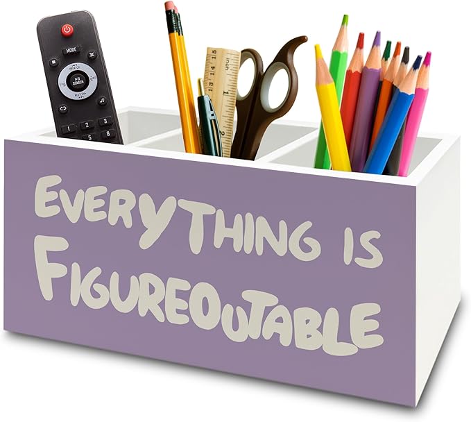 Purple Inspirational Pen Pencil Holder Organizer for Desk, Inspirational Gifts for Women, Everything Is Figureoutable Motivational Wooden Box Sign for Home Office Desk Tabletop Decorations