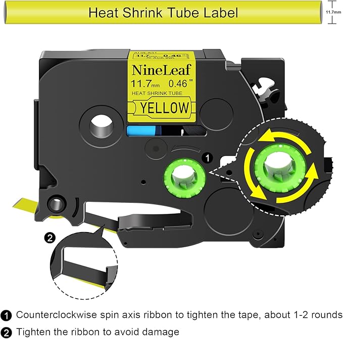 Nineleaf 2 PK Black on Yellow Label-Making Tape Heat Shrinkable Tape Compatible for Brother P-Touch HSe-631 HSe631 HS631 HS-631 11.7mm 1/2" 4.92 ft for PT-E300 PT-E500 PT-E550W PT-P750WVP Printer