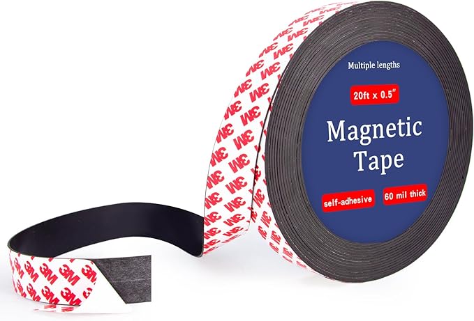 20 Feet Magnetic Tape Strip Roll with 3M Self Adhesive Backing, 1/2 in Width Flexible Sticky Magnet Tape Strips for Craft DIY Projects, Garage Whiteboards and Fridge Organization-0.06" Thick