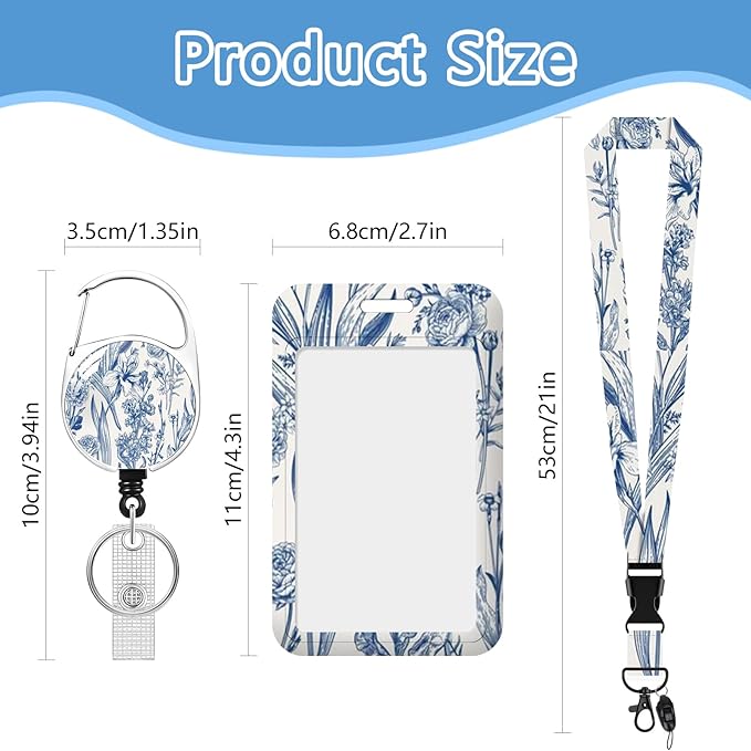 Blue Flower Badge Holder Reel Lanyard,ID Card Badge Holder Retractable Name Tag Clips for Doctor Nurse Teacher Office Student