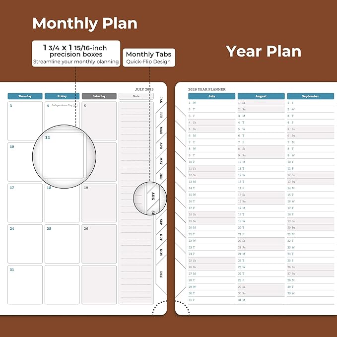 Weekly Monthly 2025-2026 Planner (July 25-Dec 26),11.5"x8.5",18 Months Agenda Plan with Month Tabs & Pocket,Expenses/Note Pages, Academic Calendar with Vegan Leather Cover,Brown