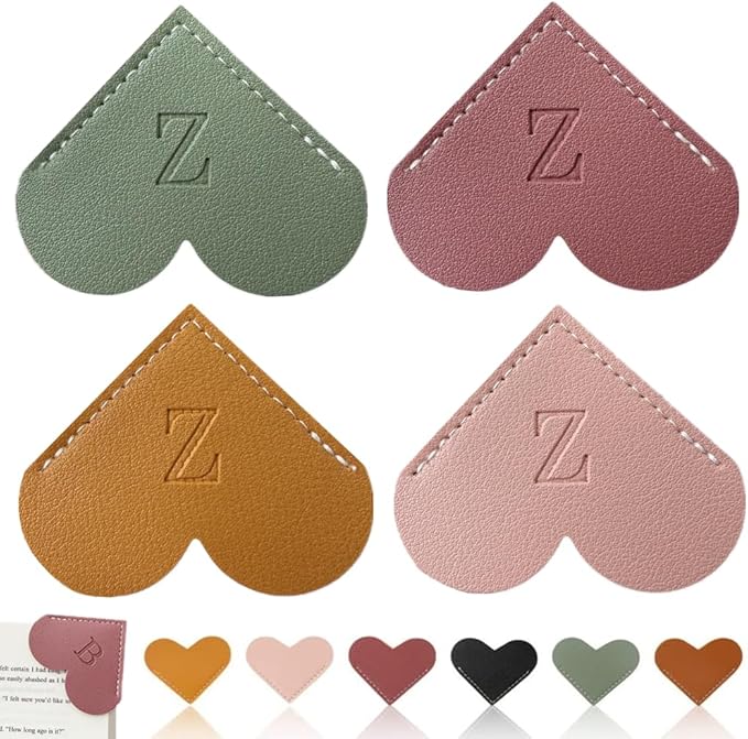 Personalized Leather Heart Bookmark, 26 Letters Customized Corner Book Mark for Reading Women, Book Marker with Initials，Cute Gifts (Light Pink+Deep Pink+Green+Light Brown, Z)