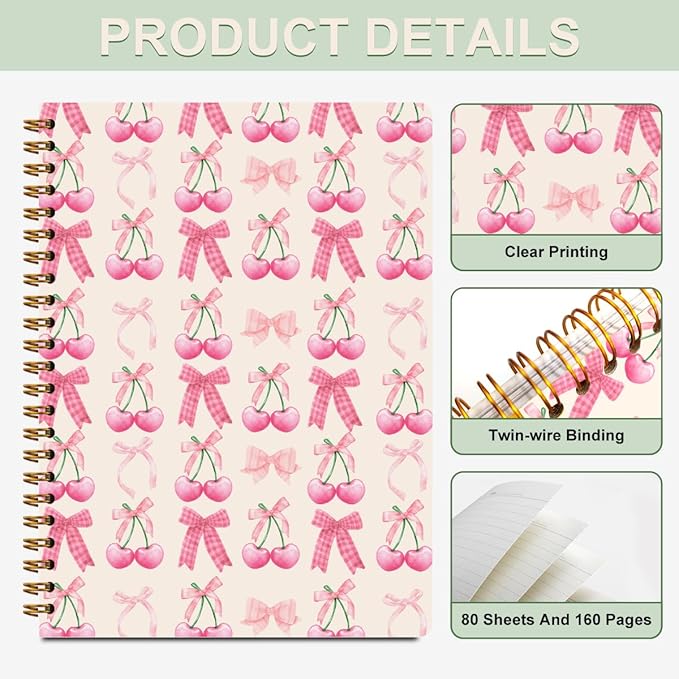 2 PCs Pink Bow Cherry Spiral Notebook Trendy Preppy Journaling Notebooks Cute Coquette Gifts for Women Teen Girls Note Books Journals for Writing Hardcover Notebook Office Classroom Supplies