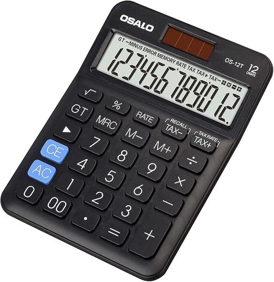Pocket Small Size Desk Calculator, 12 Digit Large LCD Display, Basic Tax Function Handheld Desktop Calculator with Solar Battery Dual Power, Perfect for Office, School, Business OS-12T (Black)