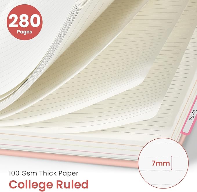 Hardcover Spiral Journal Notebooks for Work With Removable Dividers & Tabs, 8.5"x11" 5 Subject Notebook for Note Taking & Organizer, A4 College Ruled Lined Journal for Women & Writing, Pink, 280 Pages