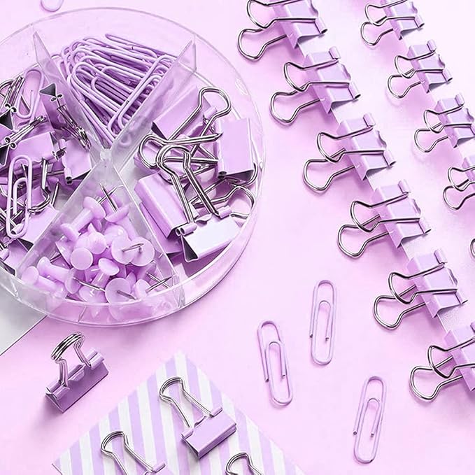 Purple Paper Clips and Binder Clips Set, 216 pcs, Metal Assorted Sized Binders with Push Pins, Cute Office Supplies for Desk, Durable Desk Accessories, 3 Pack