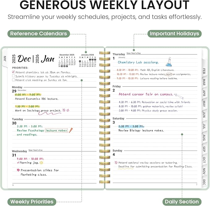 2026 Planner, Weekly and Monthly Calender Planner, Jan 2026 to Dec 2026, Hardcover 2026 Calendar Planner Book with Tabs & Inner Pocket, Office Home School Supplies for Women & Men - A5 (6.3" x 8.5"), Mint