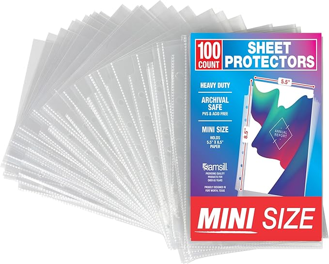 Samsill Mini Sheet Protectors 50 Pack, 5.5 x 8.5 Inch Page Protectors for Mini 3 Ring Binder, Heavy Duty, Clear Protector Sheets, 7 Hole, Top Loading, Acid Free