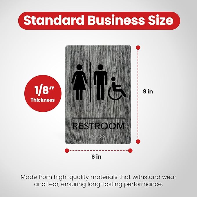 Promot Unisex Handicap Bathroom Sign – ADA Braille Restroom Sign for Business, Self-Adhesive, 9" x 6", Commercial Door Signage, Office Wall Decor - Classic Grey