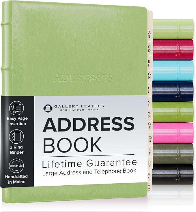 Gallery Leather Large Address Book with Alphabetical Tabs up to 480 Records, Leather Notebook Hardcover, Telephone and Address Books - 9x7", Desk Address, Camden Kiwi