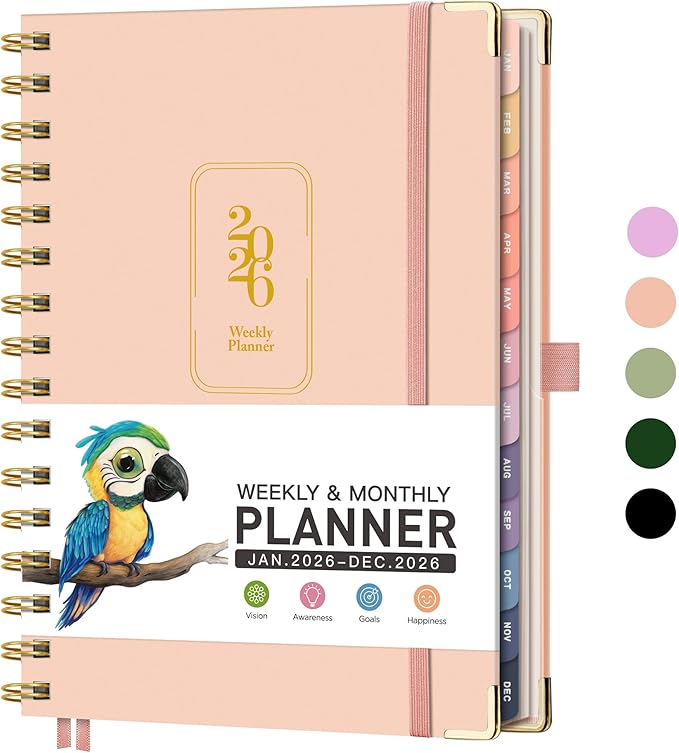 RETTACY 2026 Planner, Weekly and Monthly, Medium Size (5.7" x 8.3"), Jan - Dec 2026, Agenda, Calendar, 12 Month Tabs, Hardcover, 100 GSM Thick Paper, Spiral-bound (Pink)