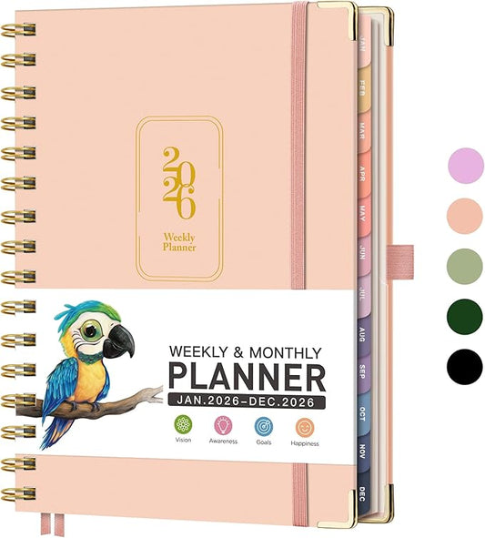 RETTACY 2026 Planner, Weekly and Monthly, Medium Size (5.7" x 8.3"), Jan - Dec 2026, Agenda, Calendar, 12 Month Tabs, Hardcover, 100 GSM Thick Paper, Spiral-bound (Pink)
