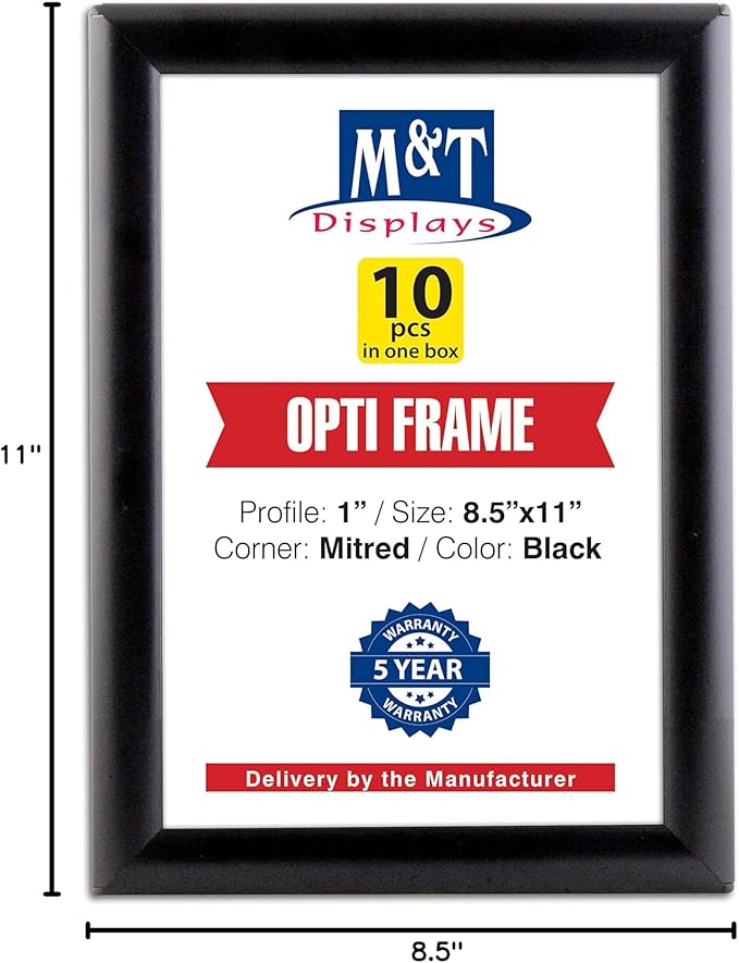 M&T Displays Opti Snap Poster Frame 8.5x11 Inch Black 1" Aluminum Profile Front Loading Wall Mounting Photo Picture Document Certificate Sign Holder Mitered Corner Anti Glare Cover (10 pack)