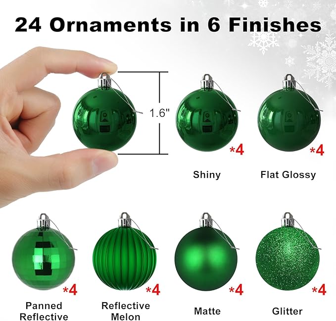 Emerald Green 1.6" Small Christmas Balls Christmas Tree Decoration Ornaments Shatterproof Hanging Balls for Birthday Halloween Holiday Wedding Decorations Set of 24pcs