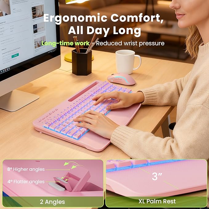 Pink Keyboard and Mouse Wireless Combo, 4000mAh Rechargeable Backlit Quiet Keyboards mice set, USB Ergonomic Key Board with Wrist Rest & Phone Holder for PC, Mac, Windows, Natural Soft Typing —SABLUTE