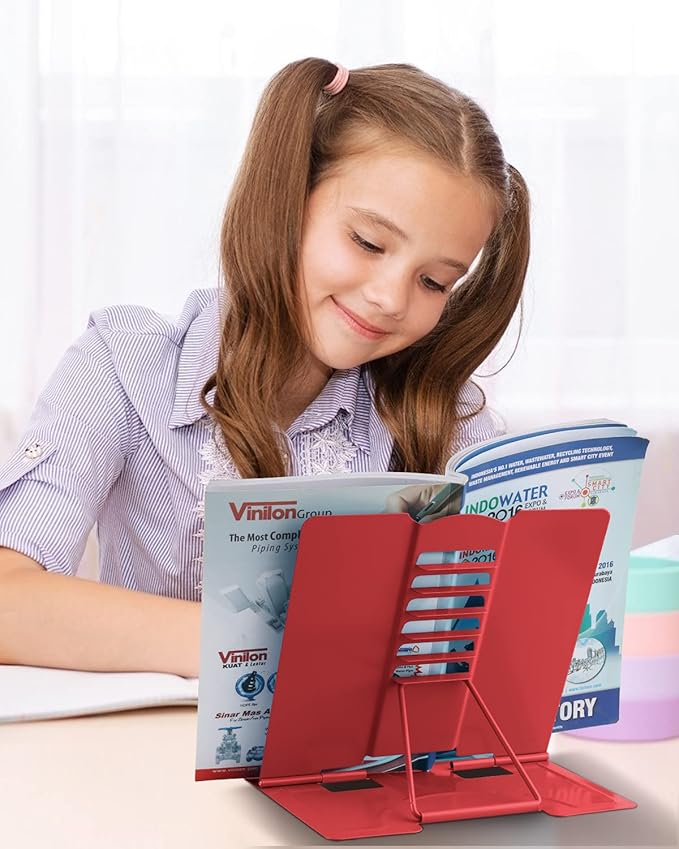 MSDADA Desk Book Stand Metal Reading Rest Book Holder Adjustable Cookbook Documents Holder Portable Sturdy Bookstands for Recipes Textbooks Tablet Music Books with Page Clips (Red)