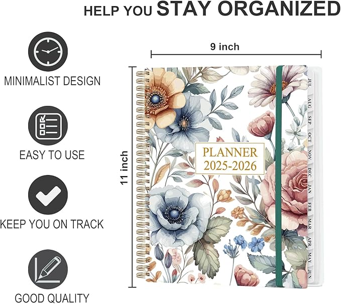 Planner 2025-2026 - Weekly & Monthly Planner from July 2025 to June 2026, Agenda 2025 2026 with Inner Pocket, Elastic Band, 8.5" x 11", Colorful Large Flower