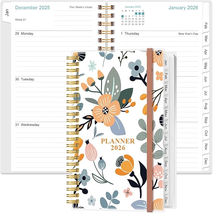 2026 Pocket Planner/Calendar - 2026 Planner from January 2026 - December 2026, Planner 2026 with 12 Tabs, Twin-Wire Binding, Inner Pocket, 3.75" x 6.75, Rose Flower