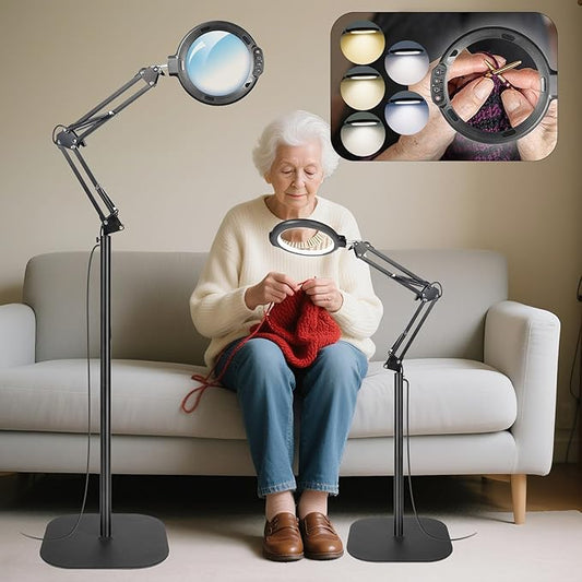 12X Large Magnifying Glass with Light and Floor Stand, 3-in-1 Swing Arm Floor Lamp Magnifier with 5 Color Modes 10 Dimmable Brightness, Hands Free Lighted Magnifying Glass with Clamp for Close Work
