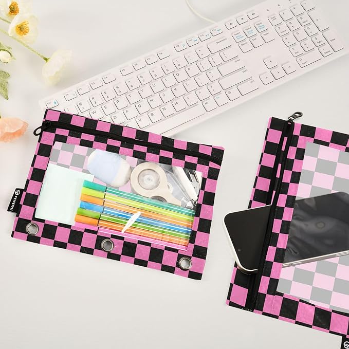 Checkerboard Pink Black Squares Pencil Pouch for 3 Ring Binder, 2 Pack Waterproof Pencil Bags Clear Window Zipper School Office Supplies