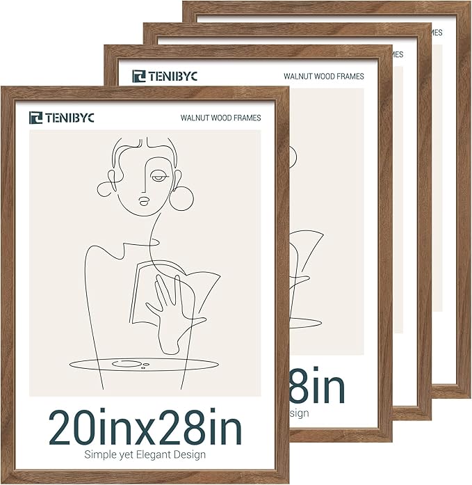 20x28 Picture Frame 4 Pack - Brown Walnut Wood, 20 x 28 Poster Frame for Gallery, Home and Office - Wall Hanging