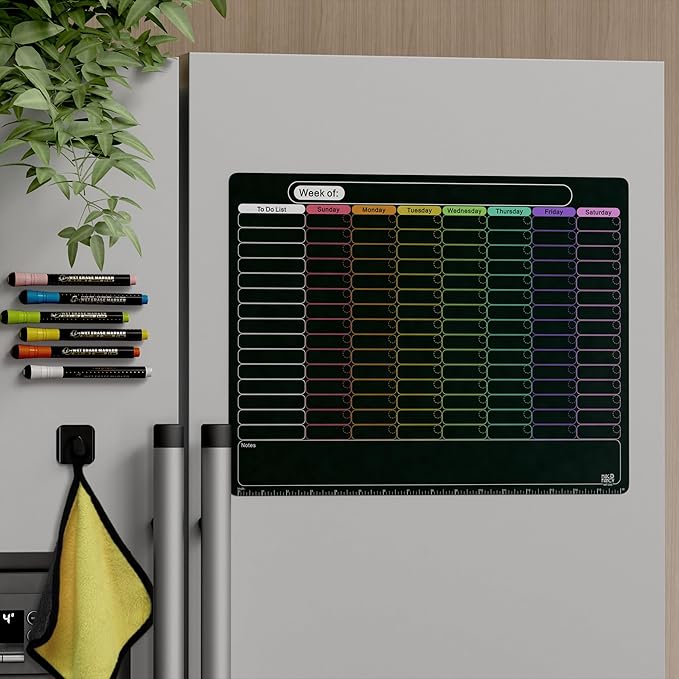 MAG-FANCY Magnetic Dry Erase Calendar for Refrigerator Weekly Chore Chart Schedule Planning Board 6 Fine Tip Wet EraseMarkers & Mounts for Wall Hanging Black