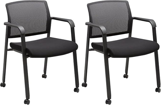 CLATINA Black Waiting Room Chair with Wheels Mesh Back Stacking Arm Chairs with Upholstered Fabric Seat and Ergonomic Lumbar Support for Office School Church Guest Reception