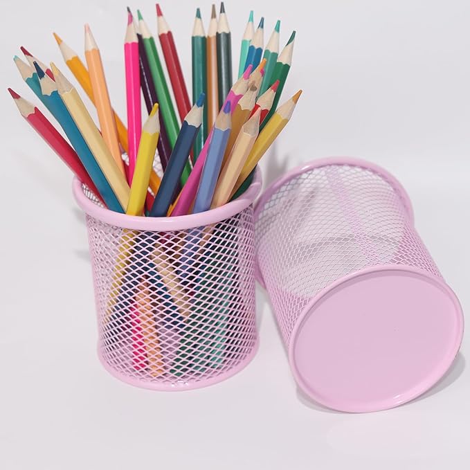 Pen Holder Mesh Pencil Holder Metal Pen Holder Cup Pencil Cup Holder for Desk Office Pen Organizer PINK, 4 Pack