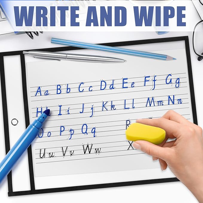 Heavy Duty Dry Erase Pockets 9x12, Job Ticket Holders 50 Pack Plastic Paper Sleeves Sheet Protectors 8.5 x 11 Clear Document Sleeves for Shop Office Classroom Home, Black