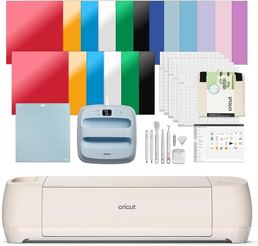 Cricut Explore 4 - Smart Cutting Machine (Seashell) | Engagement Plus Bundle - Includes EasyPress 3 Heat Press (9x9) + Mat, Tote Bag, Material Samplers, Machine Mat, Pens, Tools, & 25 Digital Images