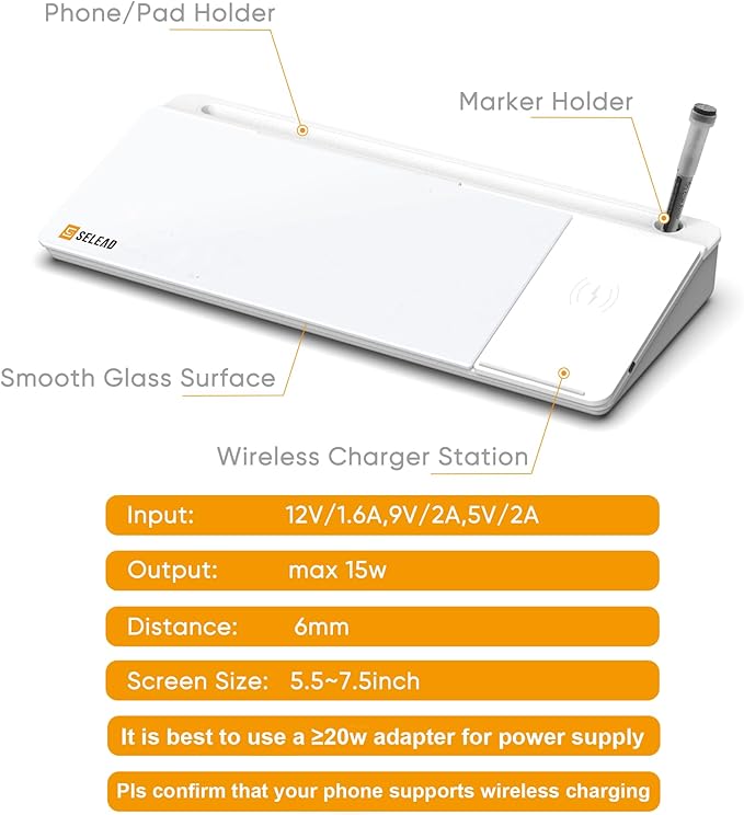 SELEAD Desktop Glass Whiteboard with Wireless Charger Station & Built-in Mirror, Dry Erase Board Computer Pad Keyboard Stand with Organizer for Home, School, Office Desk Accessories, White