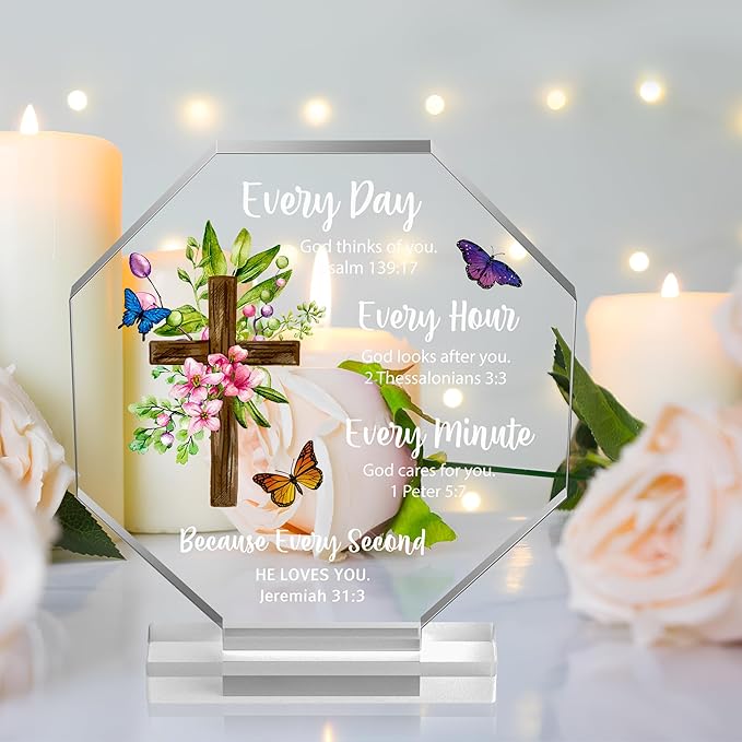 Yopyame Religious Inspirational Acrylic Plaque - Christian Gift with Bible Verse Prayers Scripture for Women Men Cross Acrylic Room Decoration Faith Keepsake Paperweights for Office Desk Home Decor