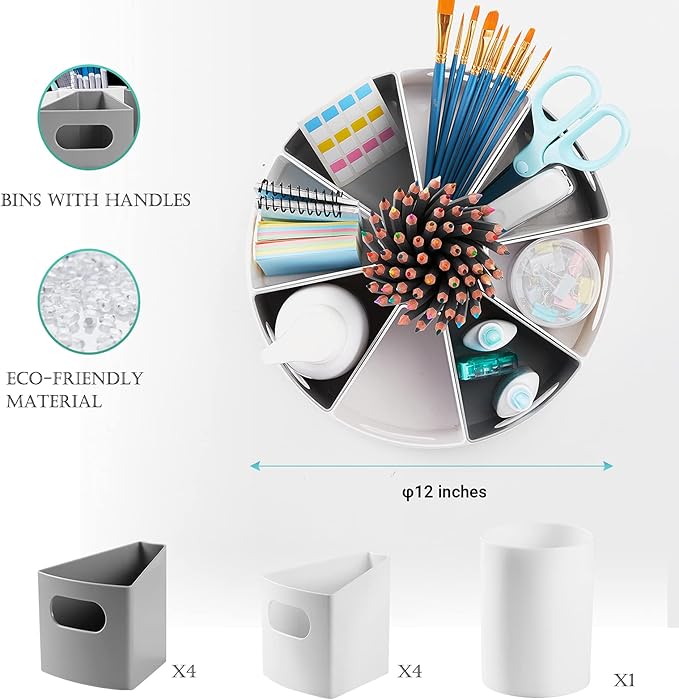 MeCids 360 Rotating Storage Organizer Desk Organizers Pen Holder– 12” Lazy Susan Style Caddy with Removable Bins, for Home Office Supplies, Art Supplies, Make-up & Kitchen Use, with Card & Gift Box