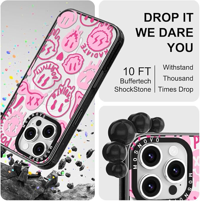 MOSNOVO Magnetic Case for iPhone 16 Pro, 10ft Military-Grade Protection, Compatible with Magsafe, Shockproof Phone Case for iPhone 16 Pro - Pink Dripping Smiles - Clear Black