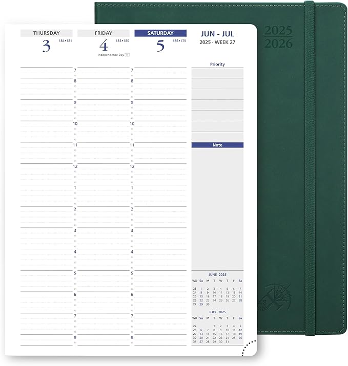 POPRUN Academic Planner 2025-2026, 8.5'' x 11.25'', Quarter-Hourly Appointment Book (July 2025-June 2026) with PU Leather Soft Cover, Dual Pockets, Monthly Tabs, 100GSM Thick Paper - Forest Green