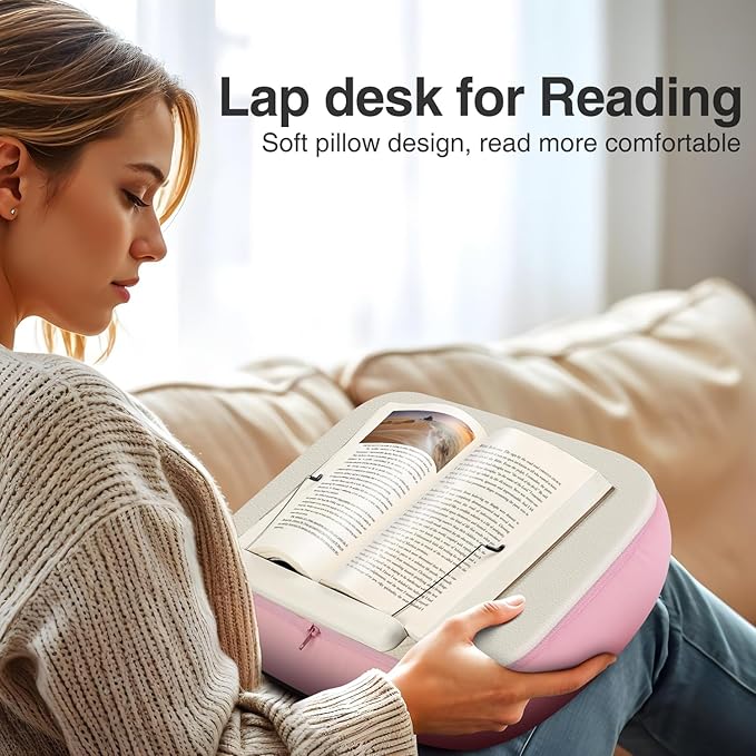 elitehood Bean Bag Laptop Lap Desk, Soft Cushion Stand for Book, Laptop, Tablet, Book Holder for Reading in Bed, Lap Pillow Desk Ideal for Working, Writing and Relaxation on Bed, Couch, Recliner, Pink
