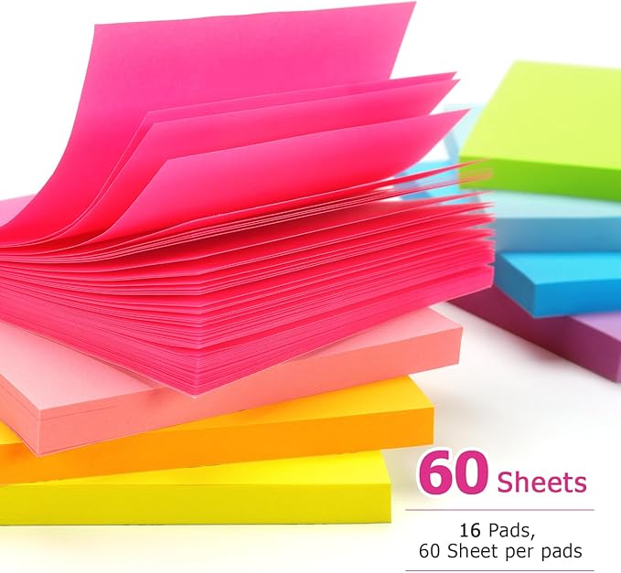 Early Buy Sticky Notes 3x3 Inch 16 Pads, Repositionable Self-Stick Memo Pads, 8 Bright Colors, 60 Sheets/Pad (960 Total) for Office, School, Home, Notebooks