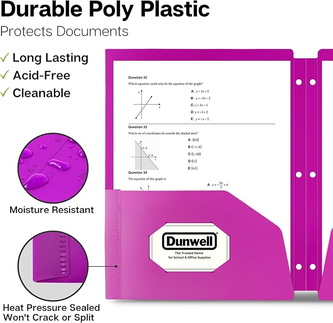 Dunwell Plastic 2-Pocket Folders for 3-Ring Binders, (6 Pack, Assorted Colors) 3 Hole Punched, Divider Folder for Notebook, Durable Poly, Fits 8.5x11 Sheets, Includes Labels